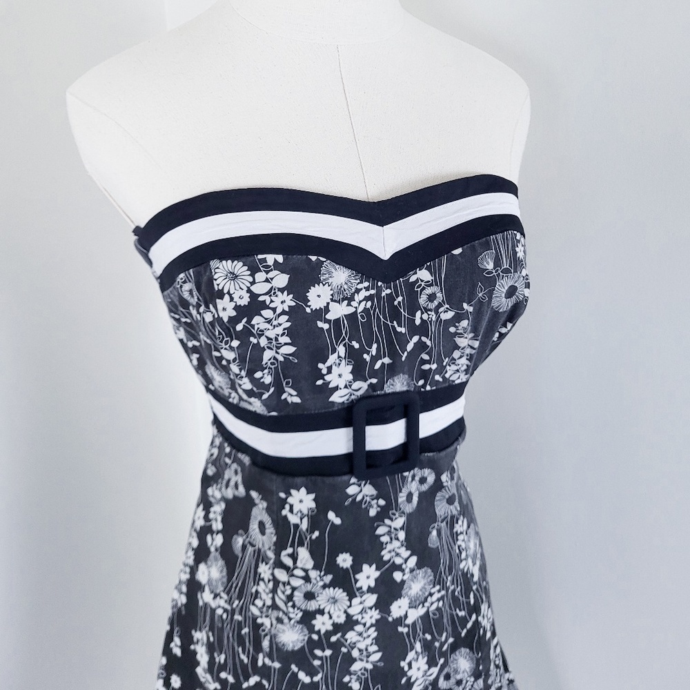 Y2K Floral Mini Strapless Babydoll Dress Petticoat Formal Size Small Black White - Picture 4 of 16